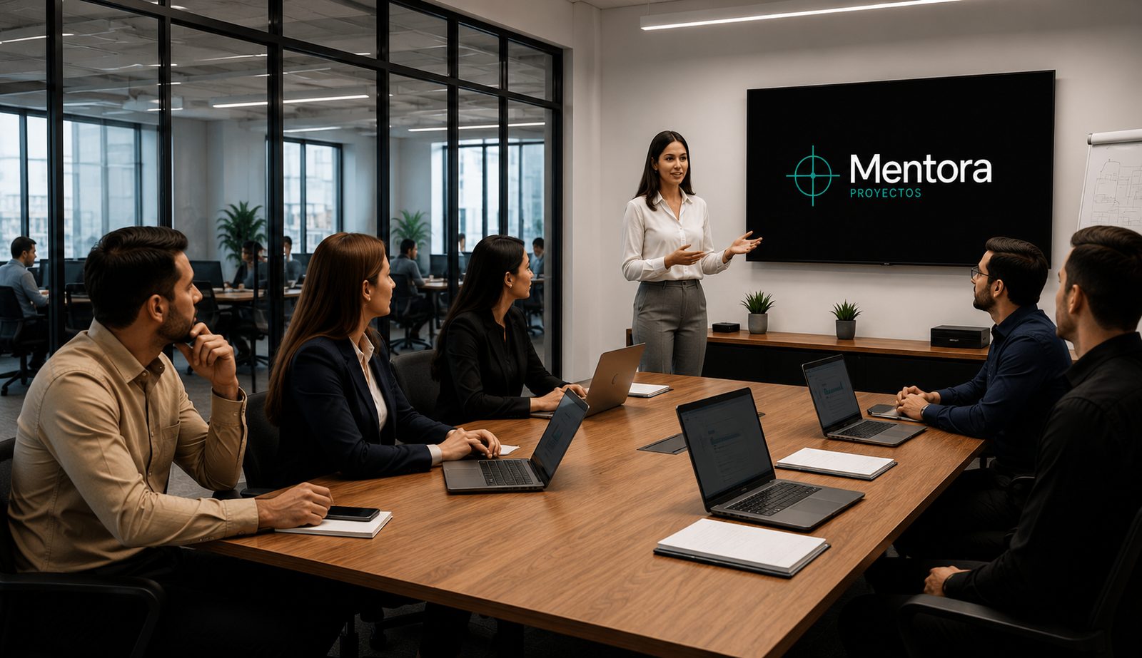 Equipo de Mentora Proyectos presentando en sala de juntas